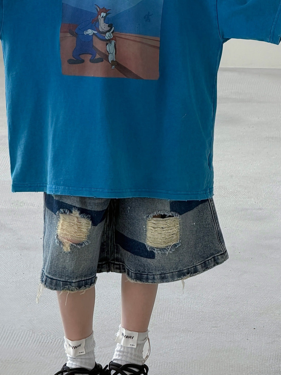 [WHOLESALE ONLY - CONTACT TO ORDER] Unisex Kids Heavyweight 85% Cotton Distressed Vintage Washed Denim Shorts (Washed Blue) [KW-204]