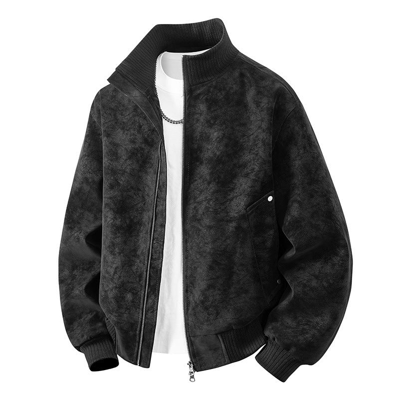 [WHOLESALE ONLY - CONTACT TO ORDER] Men's Vintage Distressed Faux Suede Stand Collar Bomber Jacket with Double Zipper & Riveted Pockets [AW-250]