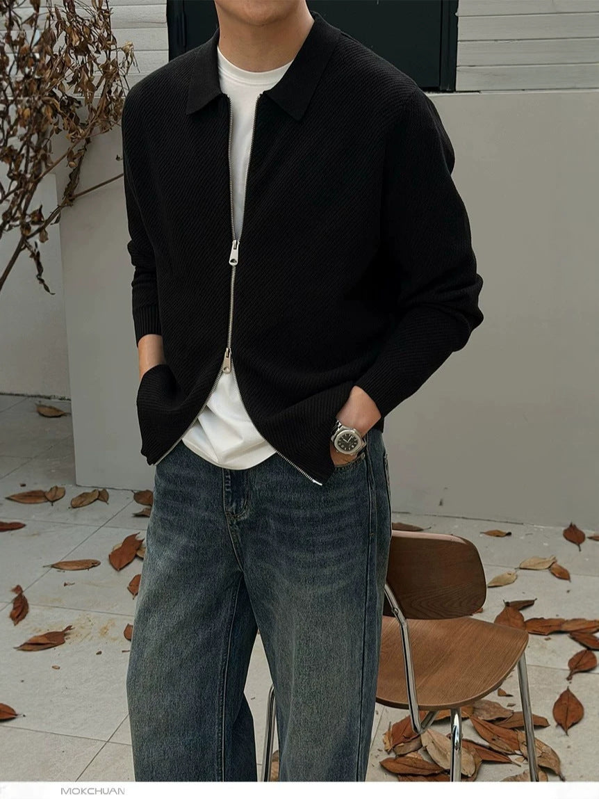 [WHOLESALE ONLY - CONTACT TO ORDER] Unisex Cotton Blend Ribbed Knit Polo Collar Two-Way Zip Cardigan Jacket [AW-491]