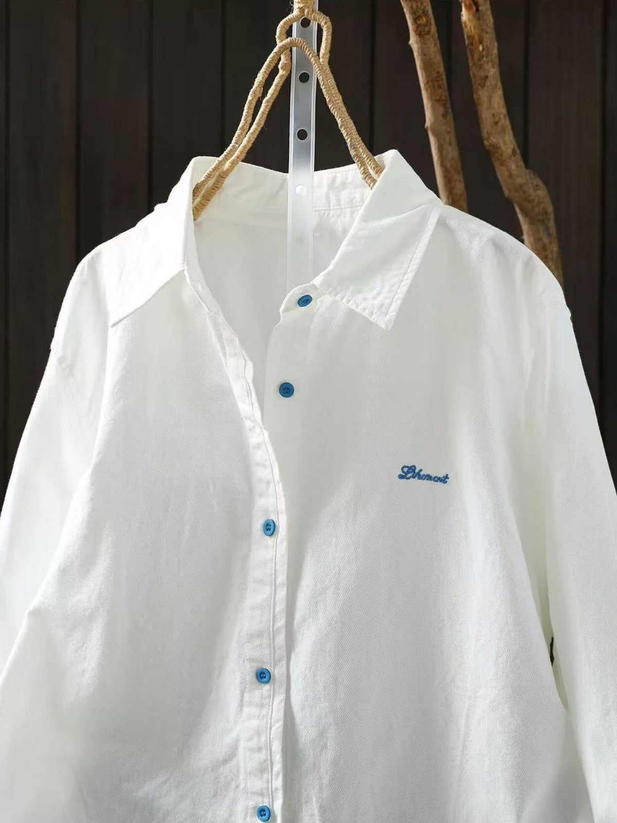 [WHOLESALE ONLY - CONTACT TO ORDER] Unisex Heavyweight 100% Cotton Contrast Blue Button Embroidered Oversized Long Sleeve White Shirt (Optic White) [AW-352]