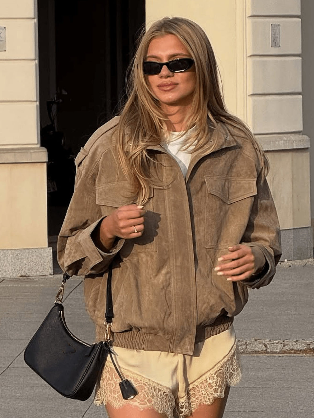 [WHOLESALE ONLY - CONTACT TO ORDER] Women's Oversized Cotton Blend Heavyweight Faux Suede Stand Collar Bomber Jacket with Shoulder Epaulets (Camel Tan) [AW-454]
