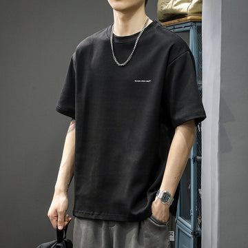 [WHOLESALE ONLY - CONTACT TO ORDER] Men's Clean Fit Heavyweight 100% Combed Cotton Drop-Shoulder T-Shirt with Micro Slogan (Obsidian Black) [AW-323]