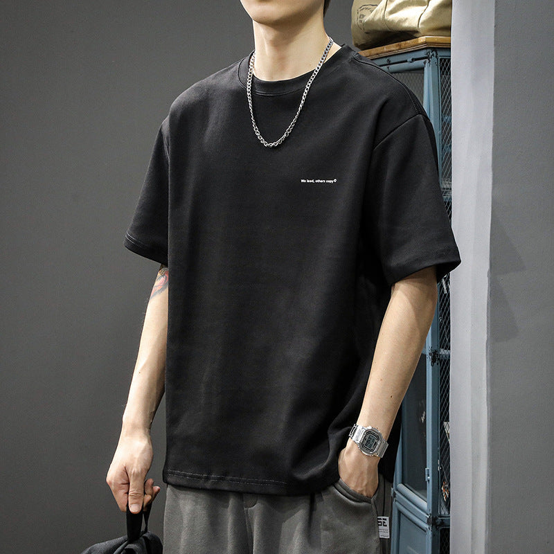 [WHOLESALE ONLY - CONTACT TO ORDER] Men's Clean Fit Heavyweight 100% Combed Cotton Drop-Shoulder T-Shirt with Micro Slogan (Obsidian Black) [AW-323]