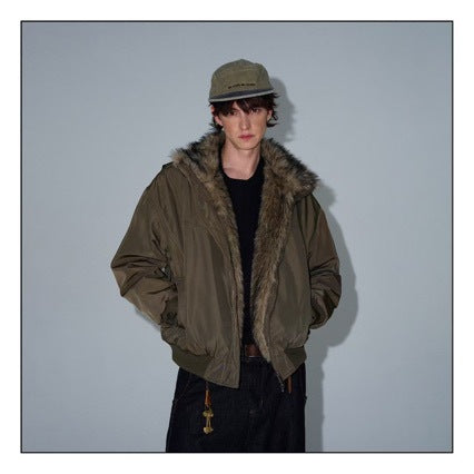 [WHOLESALE ONLY - CONTACT TO ORDER] Unisex Heavyweight 70% Cotton Padded Winter Bomber Jacket with Faux Fur Trim Hood (Military Olive Green) [AW-279]