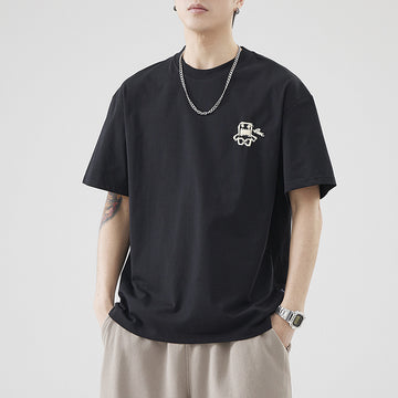 [WHOLESALE ONLY - CONTACT TO ORDER] Men's Clean Fit Heavyweight 100% Combed Cotton Drop-Shoulder T-Shirt with Embroidered Monster Graphic (Jet Black) [AW-324]