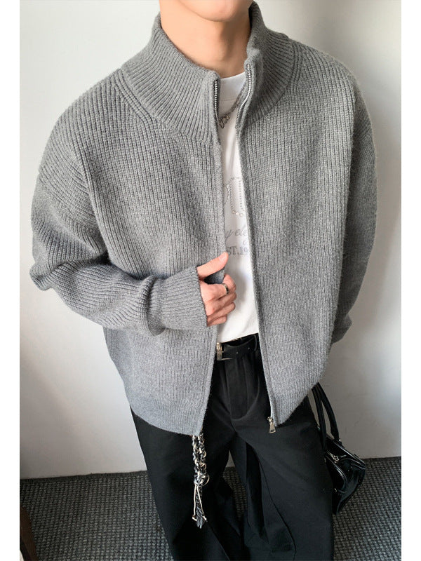 [WHOLESALE ONLY - CONTACT TO ORDER] Unisex Heavyweight 65% Cotton Ribbed Stand Collar Two-Way Zip Knit Cardigan Sweater (Foggy Blue-Grey) [AW-374]