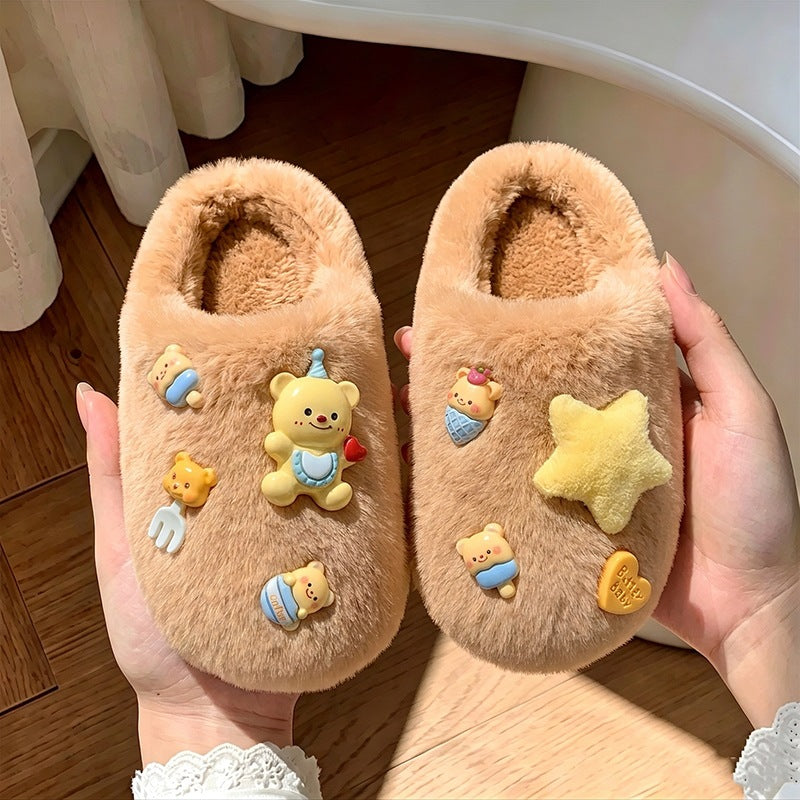 [WHOLESALE ONLY - CONTACT TO ORDER] Women's Cute 3D Butter Bear & Star Plush Faux Fur Platform Slippers (Milk Tea Brown) [FM-136]
