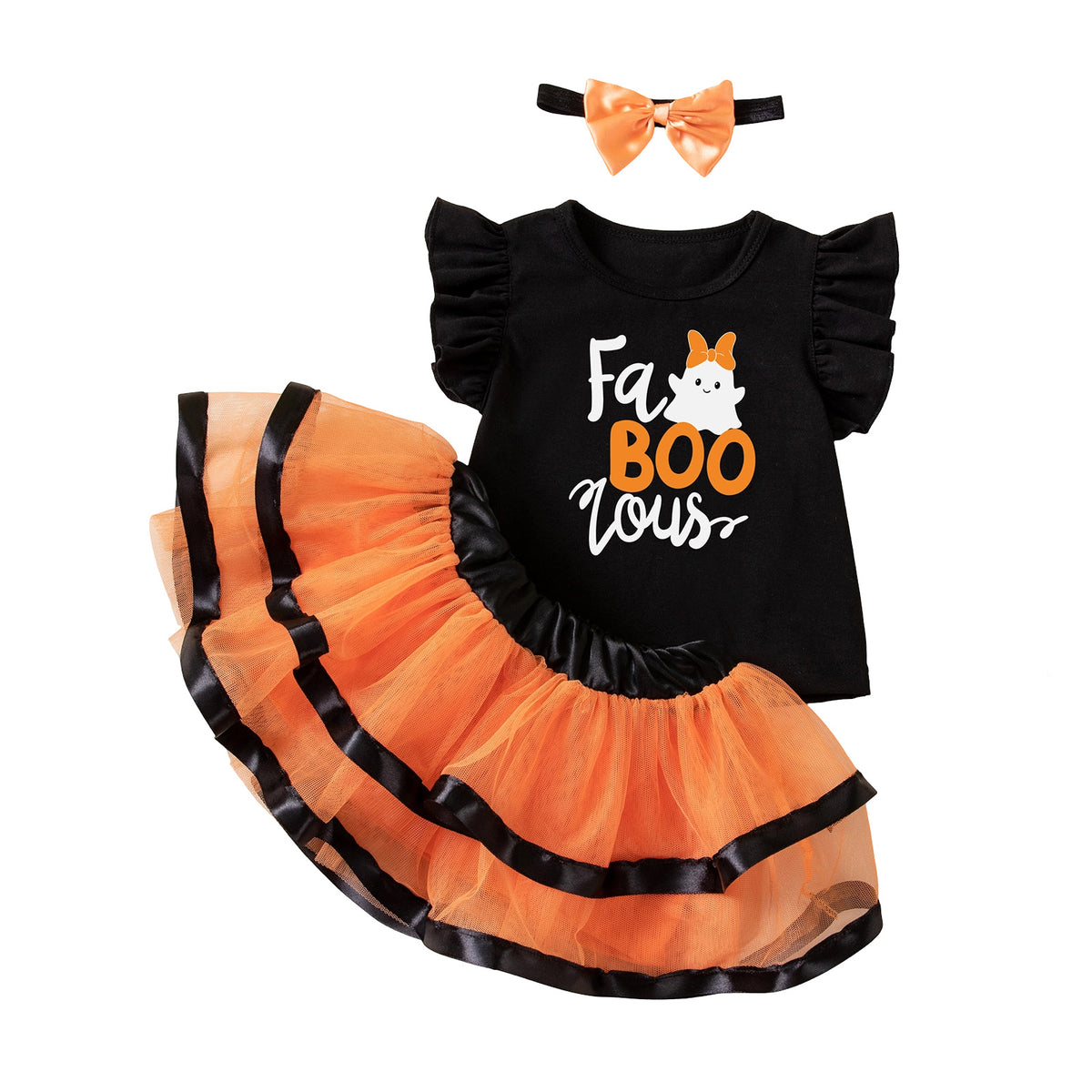 [WHOLESALE ONLY - CONTACT TO ORDER] Toddler Girls Premium 95% Cotton Halloween Ruffle Top & Orange Tutu Skirt 3-Piece Set (Fa-BOO-lous / Spooky Pumpkin) [KW-212]