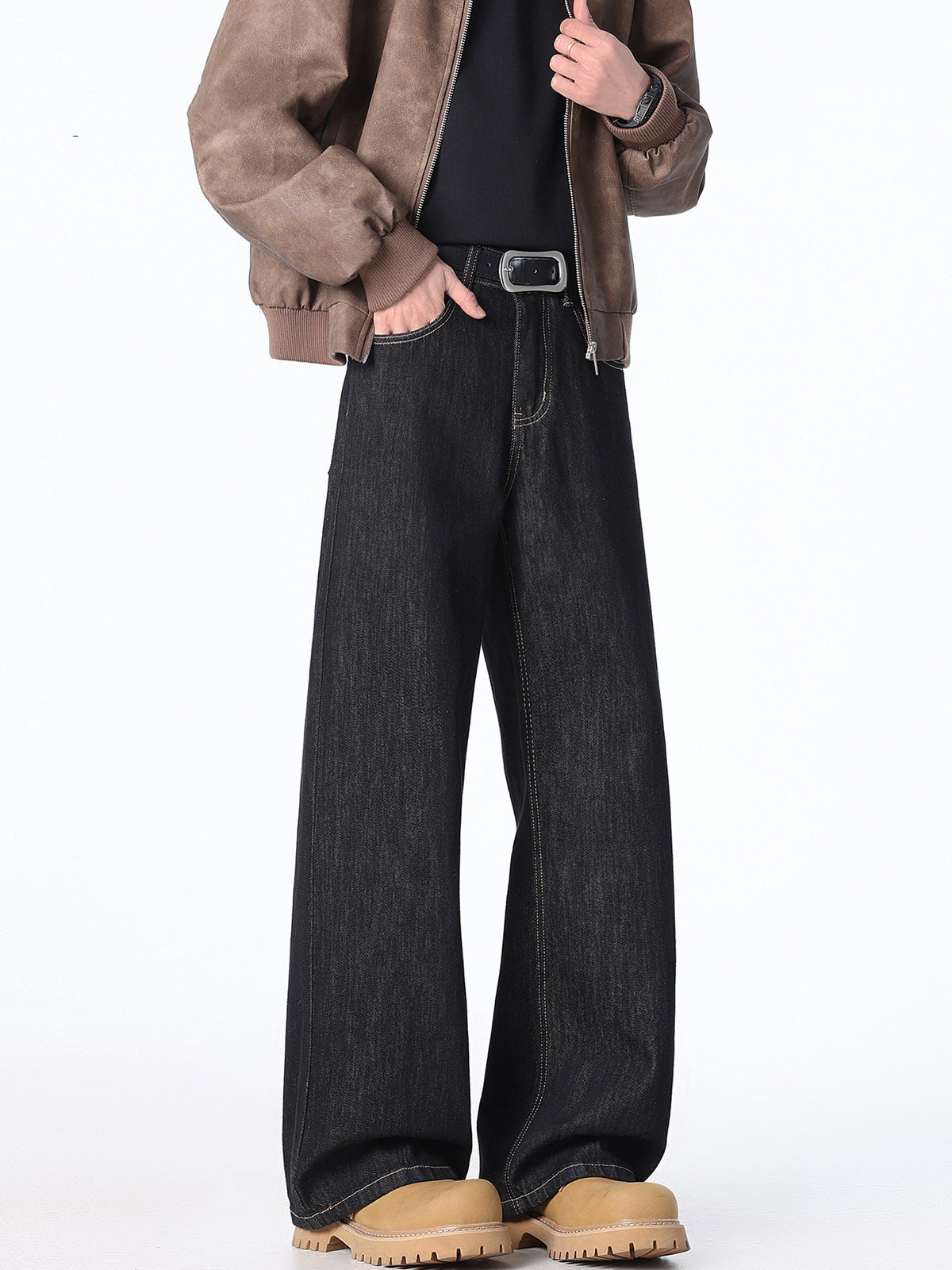 [WHOLESALE ONLY - CONTACT TO ORDER] Men's Heavyweight 100% Cotton Loose Fit Straight Wide-Leg Puddle Jeans (Washed Black) [AW-477]