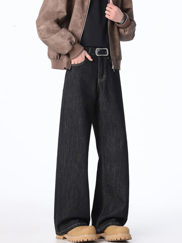 [WHOLESALE ONLY - CONTACT TO ORDER] Men's Heavyweight 100% Cotton Loose Fit Straight Wide-Leg Puddle Jeans (Washed Black) [AW-477]