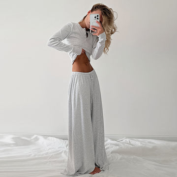[WHOLESALE ONLY - CONTACT TO ORDER] Women's Cotton Blend 2-Piece Ribbed Henley Crop Top & Drawstring Wide-Leg Pants Lounge Set (Heather Grey) [AW-572]