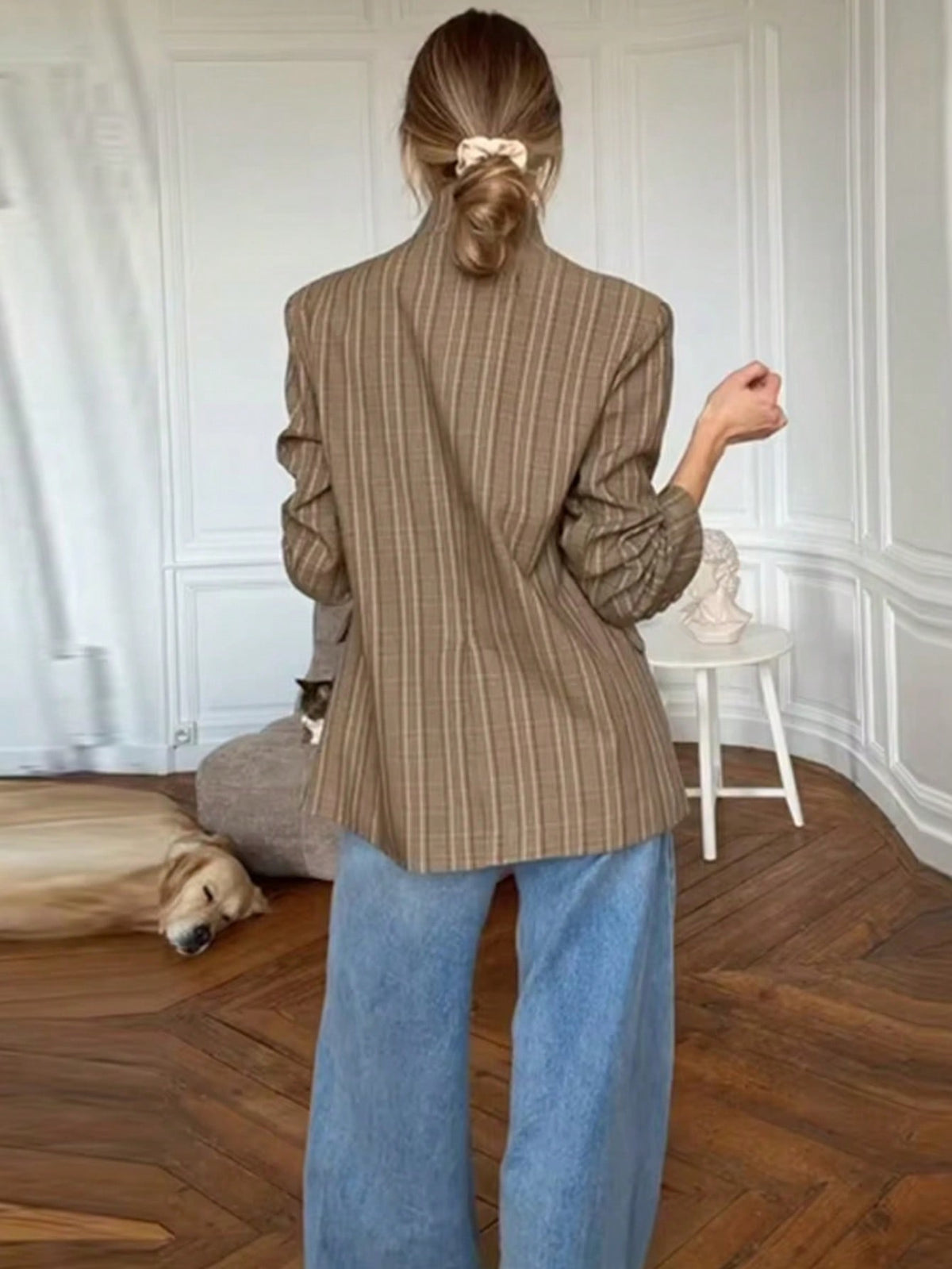 [WHOLESALE ONLY - CONTACT TO ORDER] Women's Mandarin Collar Asymmetrical Plaid Cotton Blend Blazer Jacket with Flap Pockets (Camel Plaid) [AW-455]