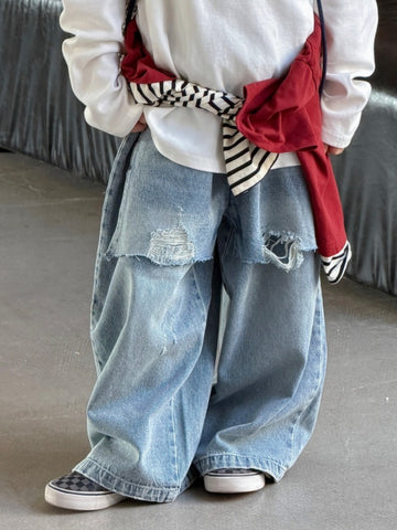 [WHOLESALE ONLY - CONTACT TO ORDER] Unisex Kids Heavyweight 85% Cotton Layered Flap Distressed Baggy Denim Jeans (Light Blue) [KW-210]