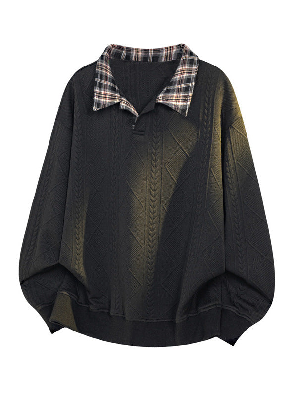 [WHOLESALE ONLY - CONTACT TO ORDER] Men's Heavyweight 75% Cotton Cable Jacquard Textured Plaid Collar Polo Sweatshirt (Washed Solid Black) [AW-425]