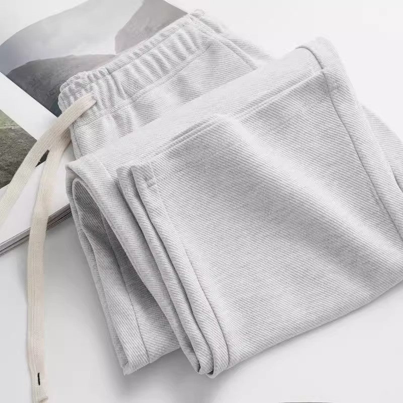 [WHOLESALE ONLY - CONTACT TO ORDER] Unisex Relaxed Fit Heavyweight Cotton Textured Twill Knit Straight-Leg Drawstring Sweatpants (Light Heather Grey) [AW-292]