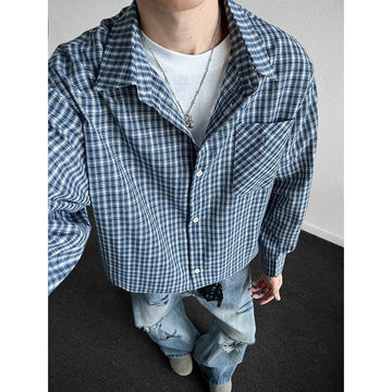 [WHOLESALE ONLY - CONTACT TO ORDER] Men's Relaxed Fit 100% Cotton Yarn-Dyed Plaid Long Sleeve Button-Up Shirt with Bias Chest Pocket (Blue & White) [AW-439]
