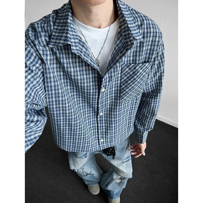 [WHOLESALE ONLY - CONTACT TO ORDER] Men's Relaxed Fit 100% Cotton Yarn-Dyed Plaid Long Sleeve Button-Up Shirt with Bias Chest Pocket (Blue & White) [AW-439]