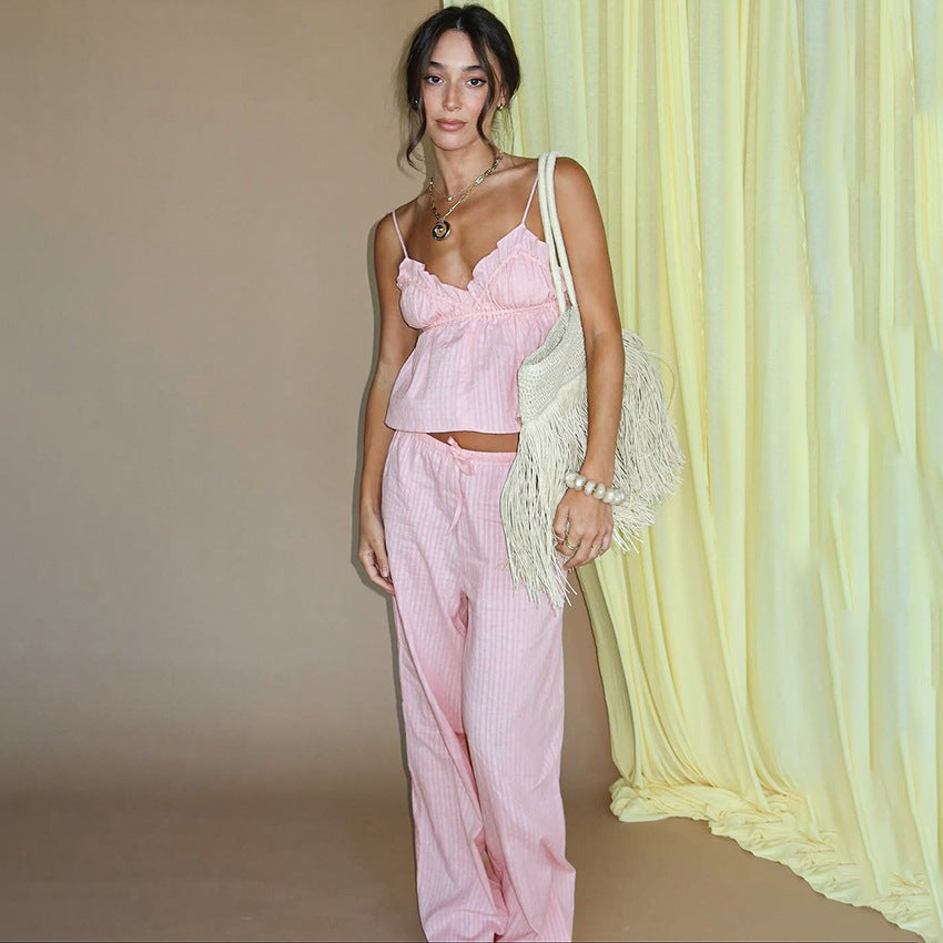 [WHOLESALE ONLY - CONTACT TO ORDER] Women's Cotton Blend 2-Piece Ruffle Babydoll Cami & Wide-Leg Pants Lounge Set (Pastel Pink) [AW-552]