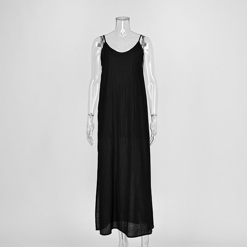 [WHOLESALE ONLY - CONTACT TO ORDER] Women's Cotton Blend Linen-Look Side-Slit Spaghetti Strap Maxi Slip Nightdress (Noir Black) [AW-554]