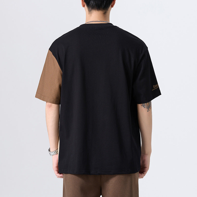 [WHOLESALE ONLY - CONTACT TO ORDER] Men's Heavyweight 100% Cotton Oversized Color-Block Short Sleeve T-Shirt with Asymmetrical Paneling (Black Brown Khaki) [AW-463]