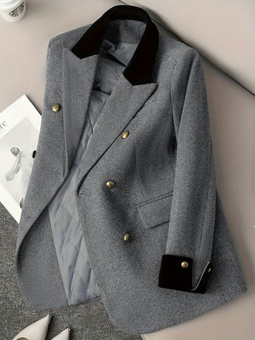 [WHOLESALE ONLY - CONTACT TO ORDER] Women's British Vintage Herringbone Tweed Quilted Wool Blend Blazer with Contrast Velvet Collar (Charcoal Grey) [AW-321]