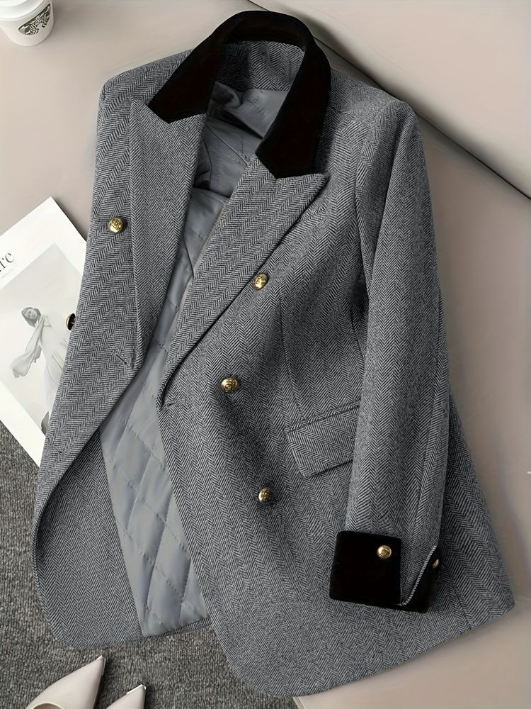 [WHOLESALE ONLY - CONTACT TO ORDER] Women's British Vintage Herringbone Tweed Quilted Wool Blend Blazer with Contrast Velvet Collar (Charcoal Grey) [AW-321]
