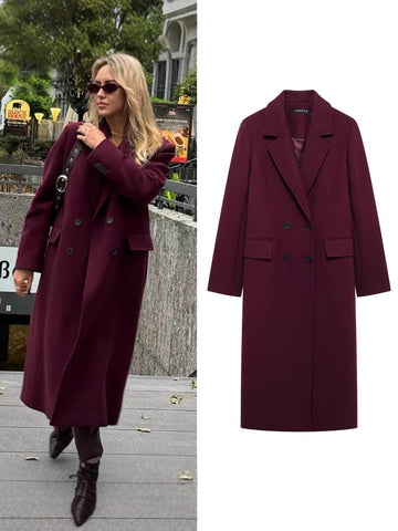 [WHOLESALE ONLY - CONTACT TO ORDER] Women's Double-Breasted Longline Cotton Blend Heavyweight Overcoat with Flap Pockets (Burgundy Wine Red) [AW-448]