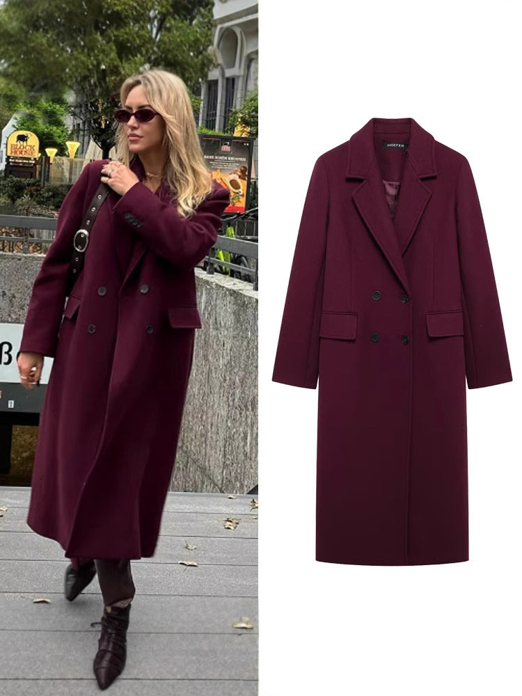 [WHOLESALE ONLY - CONTACT TO ORDER] Women's Double-Breasted Longline Cotton Blend Heavyweight Overcoat with Flap Pockets (Burgundy Wine Red) [AW-448]