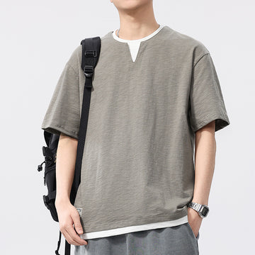 [WHOLESALE ONLY - CONTACT TO ORDER] Unisex Heavyweight 100% Slub Cotton Layered Notched V-Neck Loose Short Sleeve T-Shirt (Muted Khaki Grey) [AW-363]