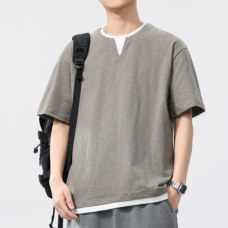 [WHOLESALE ONLY - CONTACT TO ORDER] Unisex Heavyweight 100% Slub Cotton Layered Notched V-Neck Loose Short Sleeve T-Shirt (Muted Khaki Grey) [AW-363]