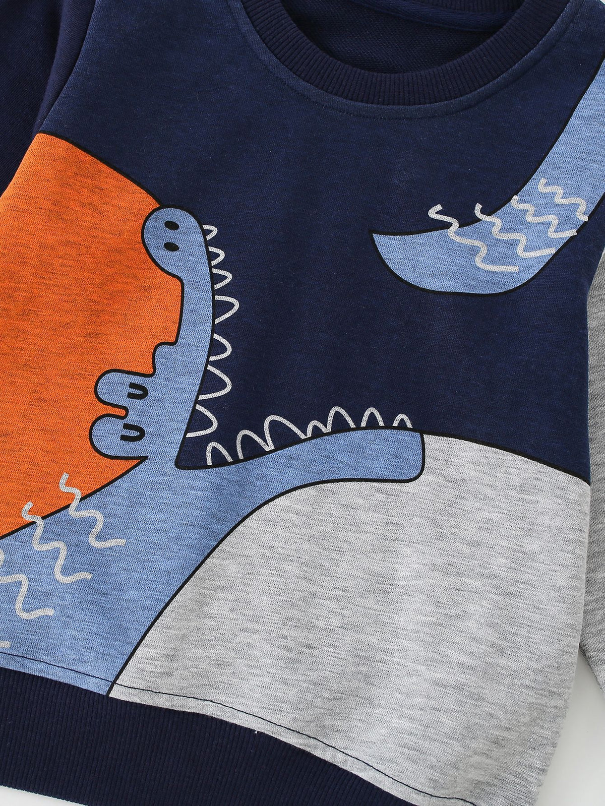 [WHOLESALE ONLY - CONTACT TO ORDER] Toddler & Boys Cotton French Terry Colorblock Dinosaur Graphic Sweatshirt (Navy/Heather Grey) [KW-238]
