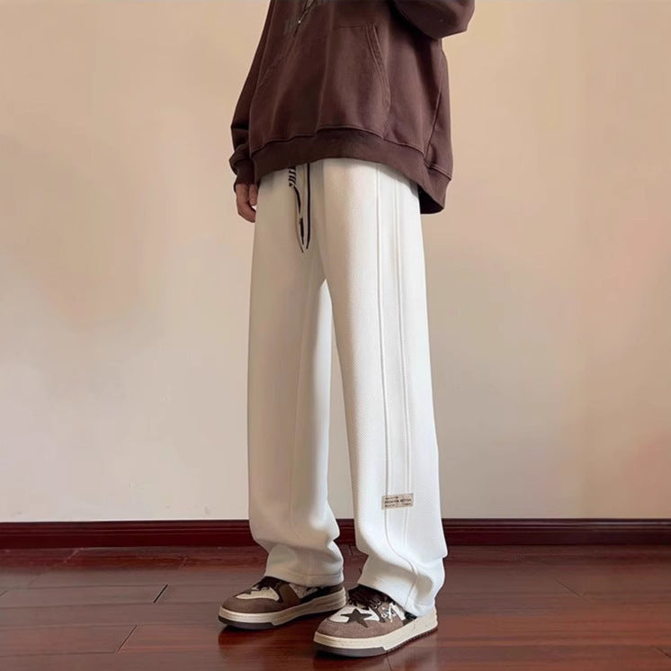 [WHOLESALE ONLY - CONTACT TO ORDER] Men's Waffle Textured Wide-Leg Baggy Sweatpants with Double Side Stripes & Drawstring (Cream White) [AW-149]