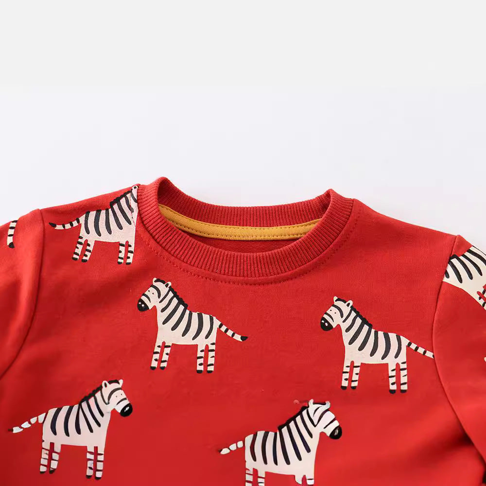 [WHOLESALE ONLY - CONTACT TO ORDER] Kids Unisex Heavyweight 80% Cotton French Terry Zebra All-Over Print Crewneck Sweatshirt (Festive Red) [KW-178]