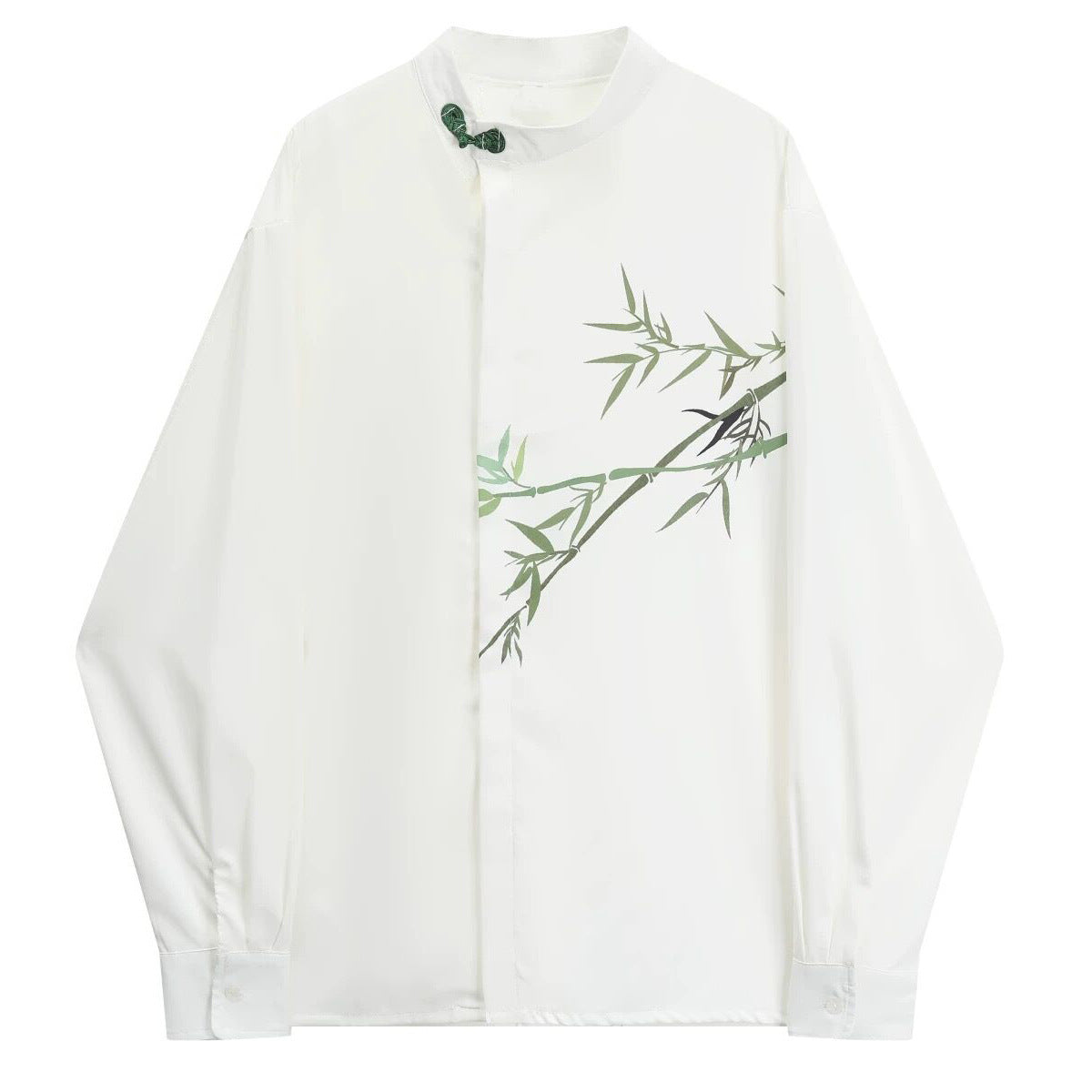 [WHOLESALE ONLY - CONTACT TO ORDER] Men's Mandarin Collar Draped Cotton Blend Long Sleeve Shirt with Bamboo Artwork & Jade Frog Button (White) [AW-445]
