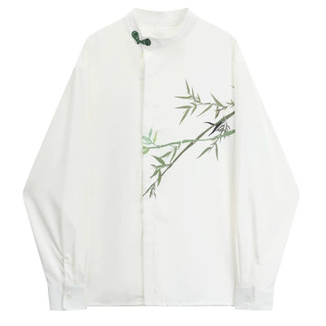 [WHOLESALE ONLY - CONTACT TO ORDER] Men's Mandarin Collar Draped Cotton Blend Long Sleeve Shirt with Bamboo Artwork & Jade Frog Button (White) [AW-445]