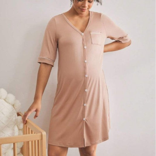 [WHOLESALE ONLY - CONTACT TO ORDER] Women's 70% Combed Cotton Breathable V-Neck Button-Down Maternity & Nursing Nightgown Dress (Dusty Rose) [AW-404]