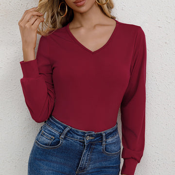 [WHOLESALE ONLY - CONTACT TO ORDER] Women's Elegant V-Neck Long Sleeve Top with Cuffed Sleeves (Burgundy) - Catalog Display Only (Do Not Order Directly)