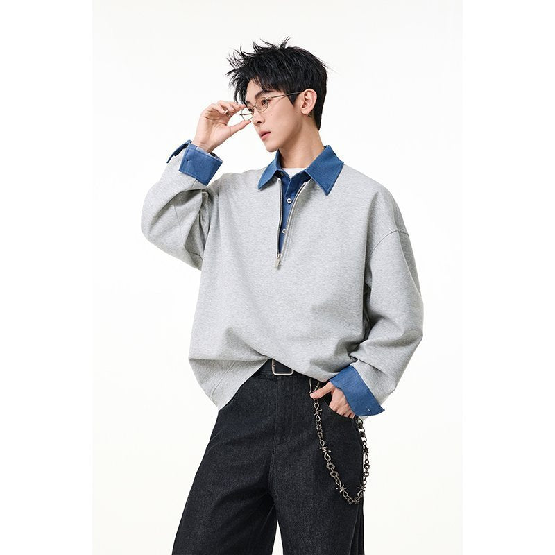 Men’s Half-Zip Sweatshirt with Shirt Layer Detail – Casual Collared Pullover, Relaxed Fit for Fall & Winter[NA-002]