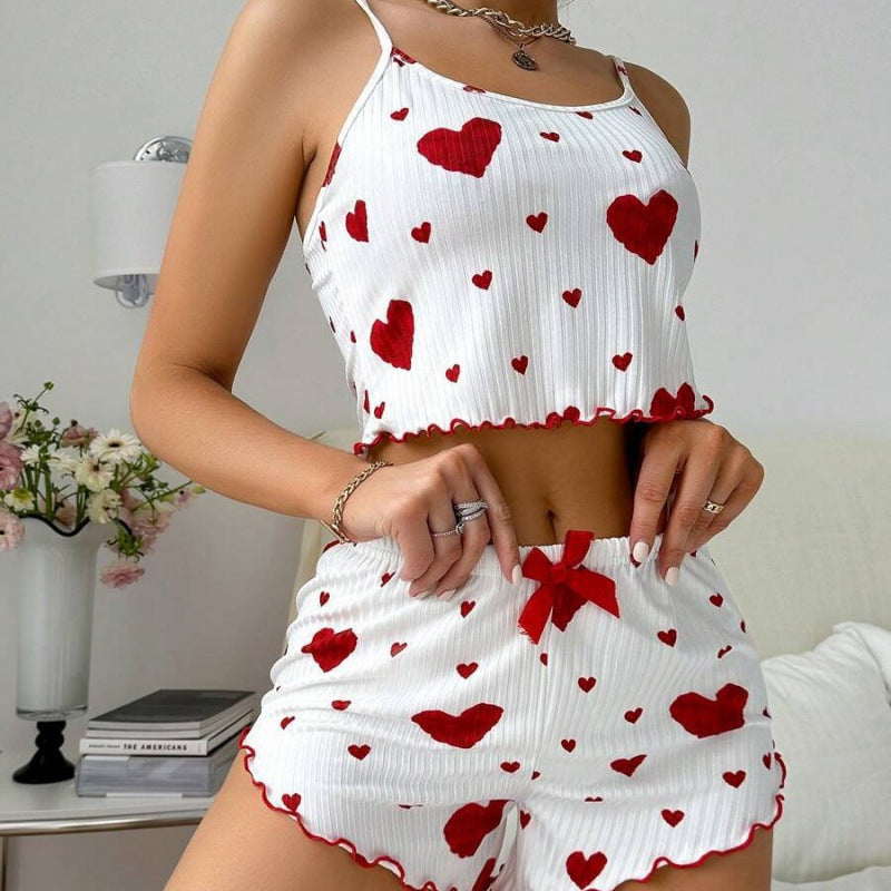 [WHOLESALE ONLY - CONTACT TO ORDER] Women's 70% Combed Cotton Rib-Knit Lettuce Trim Cami Top & Shorts Pajama Set (White Red Hearts) [AW-406]