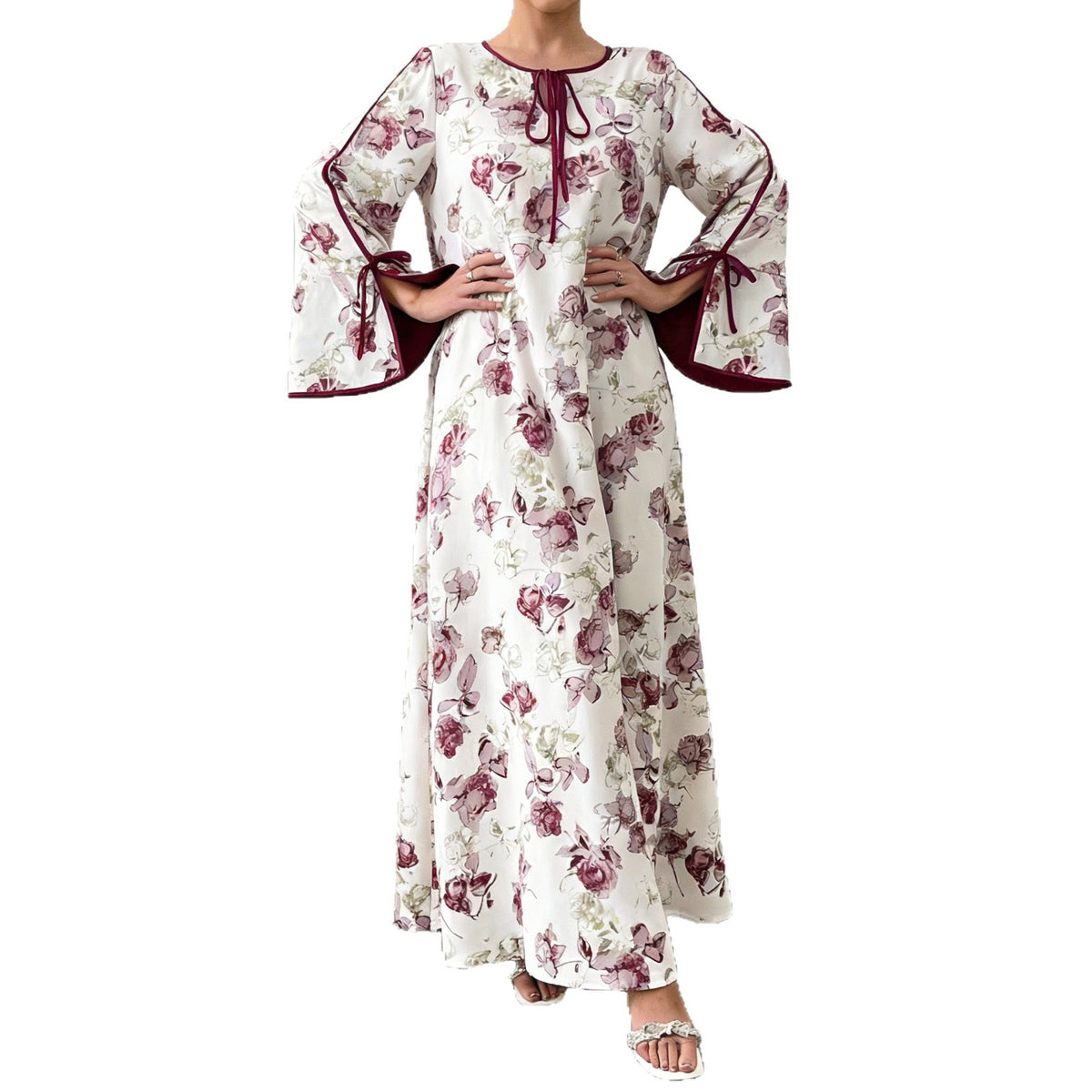 [WHOLESALE ONLY - CONTACT TO ORDER] Women's Modest Flowy Floral Print Split Bell Sleeve Tie-Neck Kaftan Maxi Dress (Mauve Rose Floral) [AW-402]
