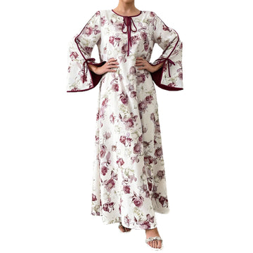 [WHOLESALE ONLY - CONTACT TO ORDER] Women's Modest Flowy Floral Print Split Bell Sleeve Tie-Neck Kaftan Maxi Dress (Mauve Rose Floral) [AW-402]