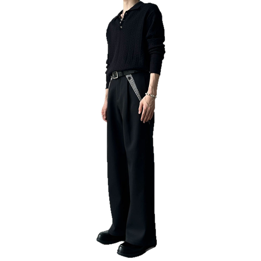 [WHOLESALE ONLY - CONTACT TO ORDER] Men's High-Waisted Houndstooth Trim Pleated Wide-Leg Drape Trousers (Solid Black) [AW-417]