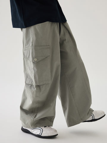 [WHOLESALE ONLY - CONTACT TO ORDER] Kids Unisex Sage Green Wide Balloon Leg 100% Cotton Twill Parachute Cargo Pants (Muted Olive) [KW-194]