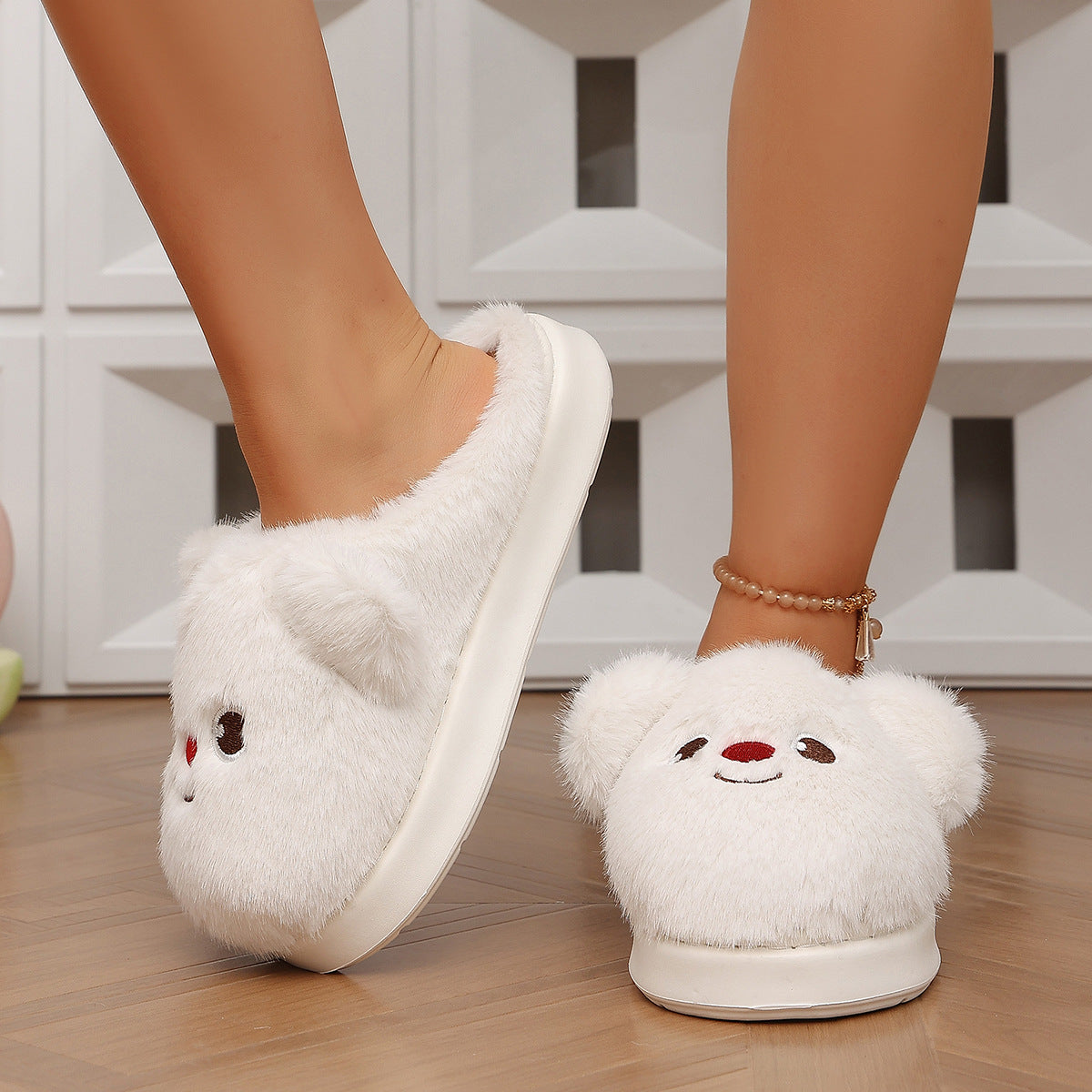 [WHOLESALE ONLY - CONTACT TO ORDER] Women's Heavyweight Fluffy Faux Fur 3D Bear Thick Platform Winter Slippers (Snow White) [FM-128]