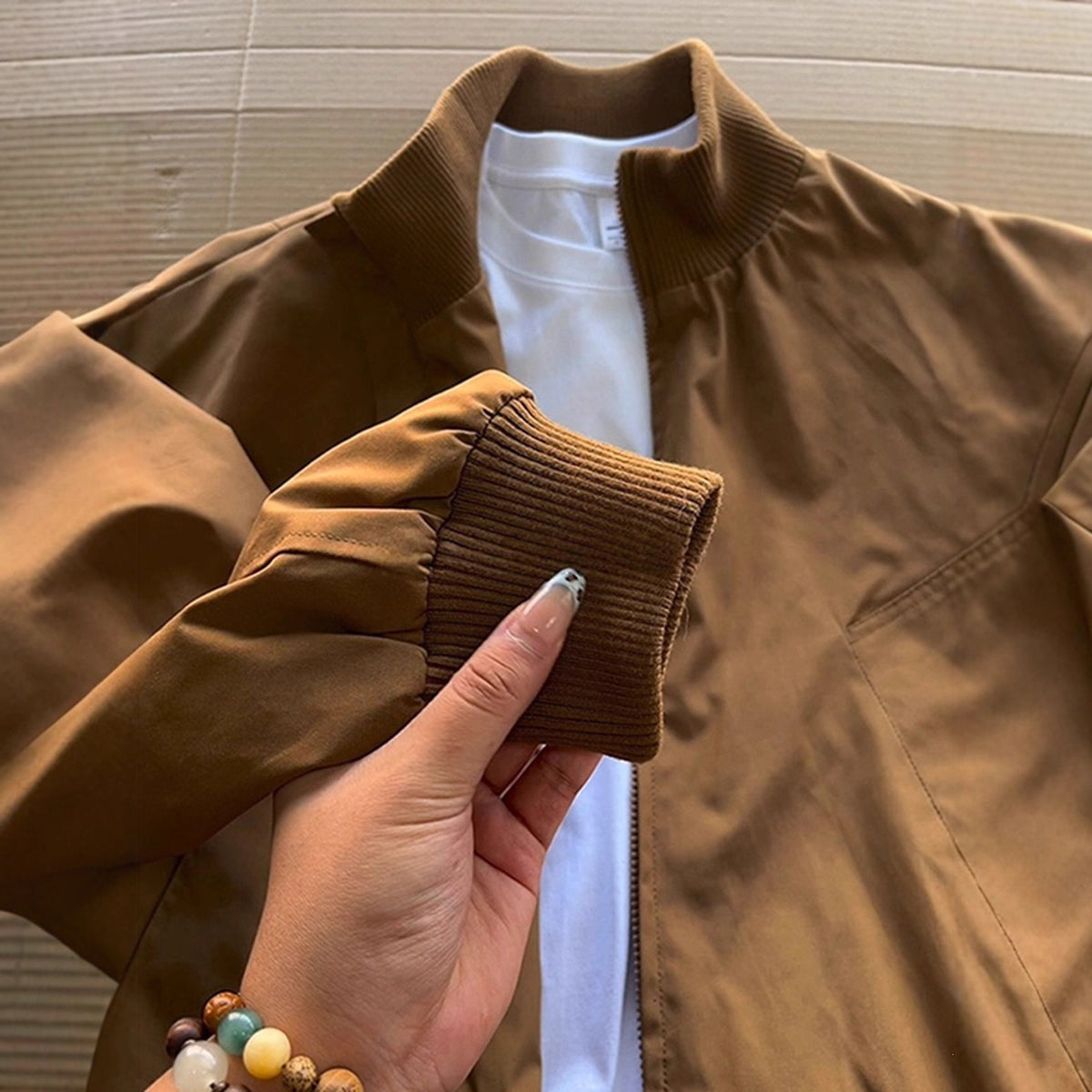 [WHOLESALE ONLY - CONTACT TO ORDER] Unisex Relaxed Fit Heavyweight 100% Cotton Twill Rib-Collar Zip-Up Harrington Jacket (Caramel Brown) [AW-282]