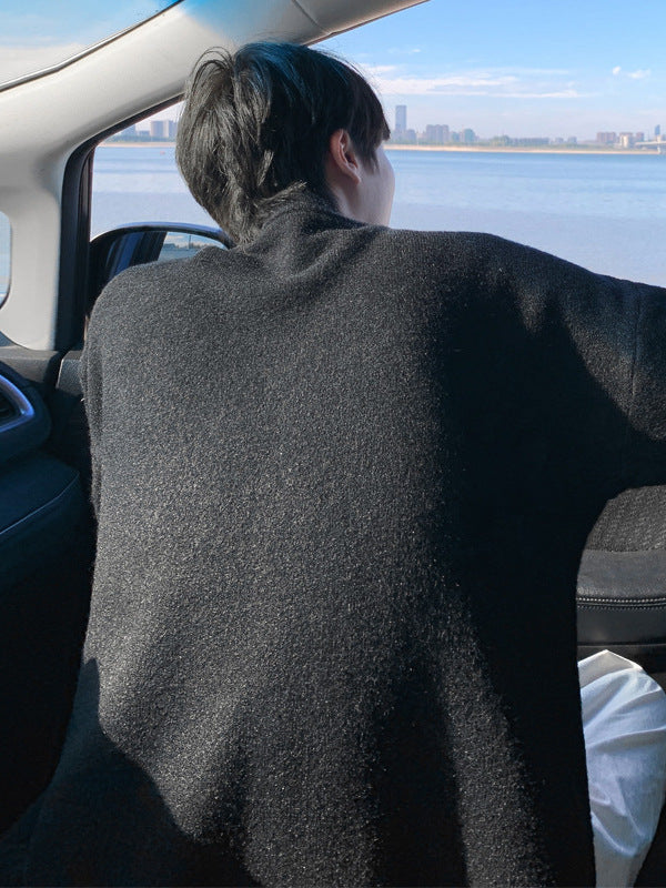 [WHOLESALE ONLY - CONTACT TO ORDER] Men's Korean Clean Fit Brushed Mohair-Touch Knit Henley Pullover Sweater (Obsidian Black) [AW-332]