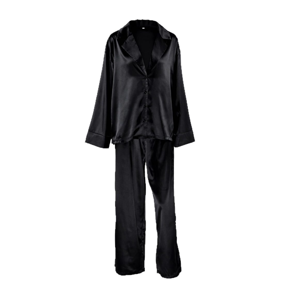 [WHOLESALE ONLY - CONTACT TO ORDER] Women's Cotton Blend 2-Piece Liquid Silky Satin Notch-Lapel Shirt & Wide-Leg Pants Pajama Set (Noir Black) [AW-550]