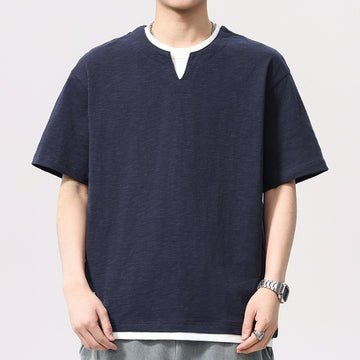 [WHOLESALE ONLY - CONTACT TO ORDER] Unisex Heavyweight 100% Slub Cotton Layered Notched V-Neck Loose Short Sleeve T-Shirt (Deep Navy Blue) [AW-364]