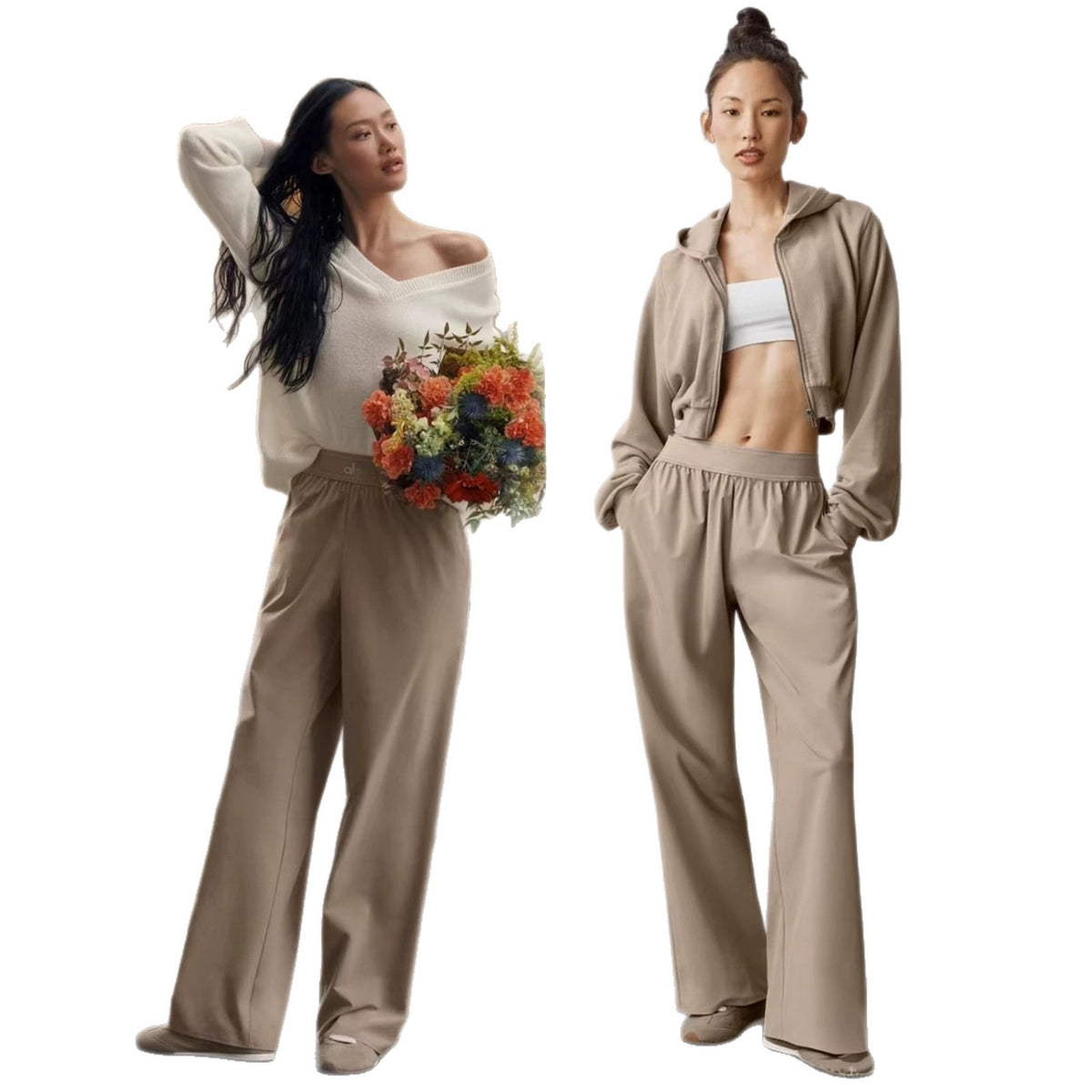 [WHOLESALE ONLY - CONTACT TO ORDER] Women's High-Waisted Wide-Leg Cotton Poplin Trousers (Khaki Taupe) - Catalog Display Only (Do Not Order Directly)
