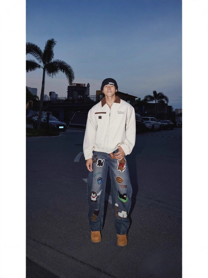 Washed Streetwear Cartoon Charm Loose Wide-Leg Jeans[DROP3-023]
